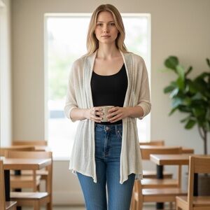 Express White Open Cardigan Sweater 3/4 Sleeves